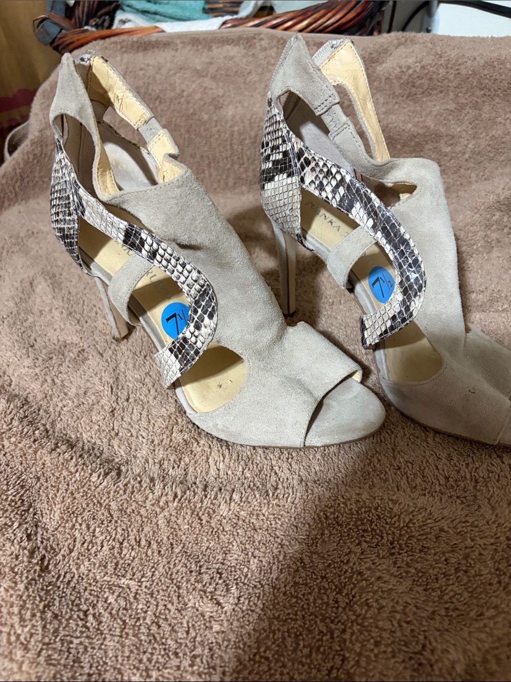 Ivanka Trump Suede Open-Toe Heels with Snakeskin Accent - Taupe